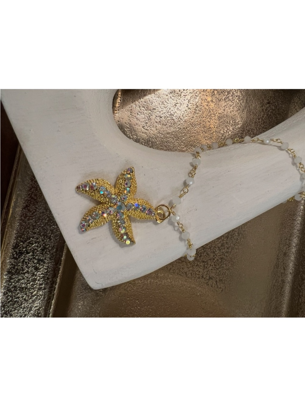 Gold Starfish Pendant Necklace with White Beads